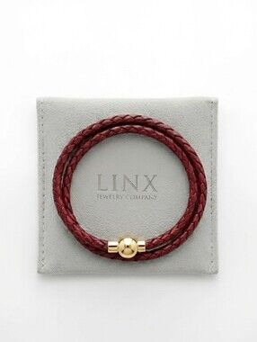 Linx Double Wrap Burgundy Leather Braided Cord Bracelet with Gold Magnetic Clasp